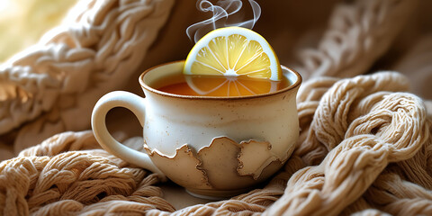 Steaming Cup of Tea with Lemon on Cozy Textured Beige Blanket