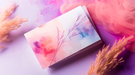 An artistic business card in pastel colors with a watercolor background.