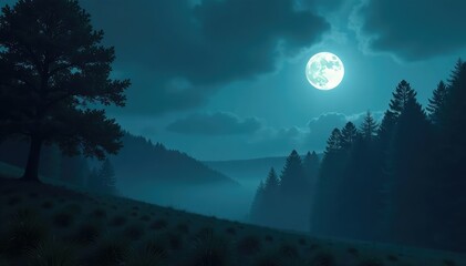 Fototapeta premium Overcast sky with a full moon casting shadows, overcast sky, eerie atmosphere, ambient forest