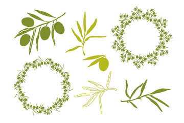 simple set drawing elements of green  leaves and branches olive, circle frame branches olive, vector, flat