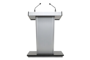 Modern Wooden and Metal Lectern with Dual Microphones for Presentations.