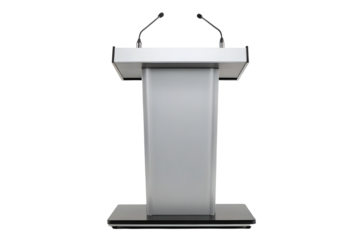 Modern Wooden and Metal Lectern with Dual Microphones for Presentations.