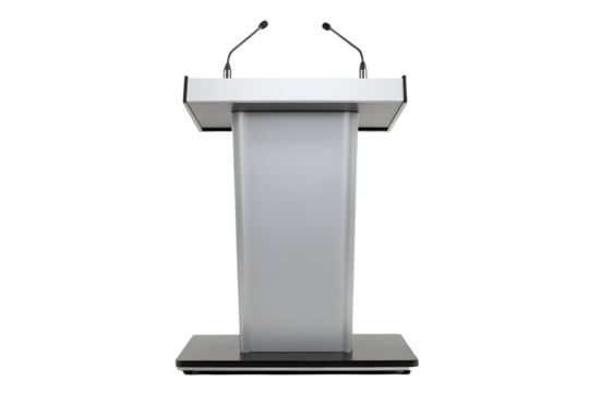Modern Wooden and Metal Lectern with Dual Microphones for Presentations.
