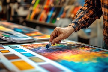 Obraz premium Man compares swatch to a colorful print, in a design studio. Use for graphic design, printing, color matching, or creative projects.
