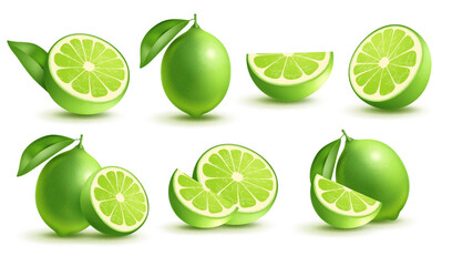 lime fruit, piece and half isolated on a white background, collection