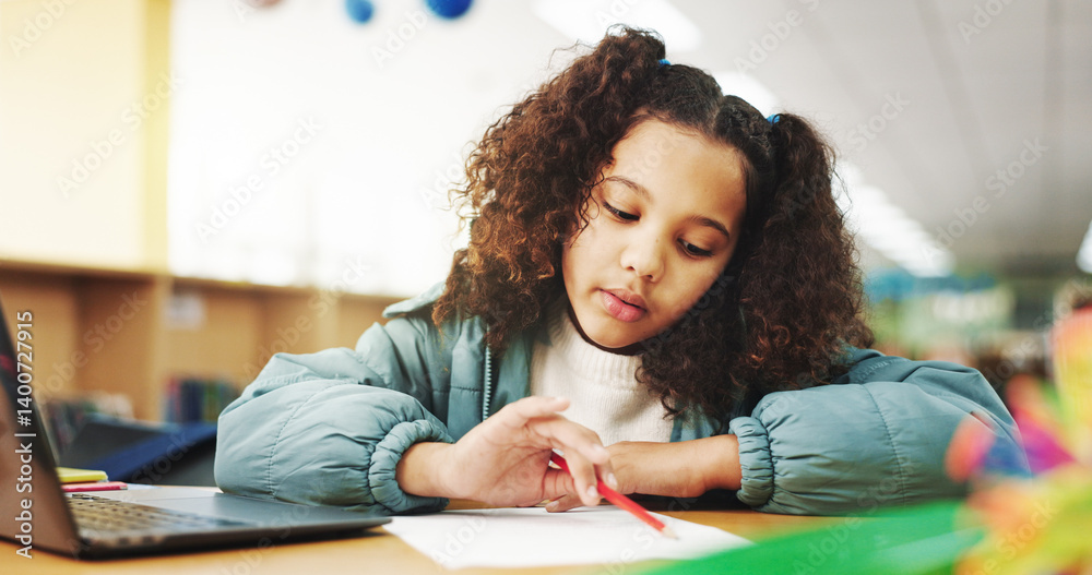 Poster Student, girl and writing with laptop for assignment, e learning or online class for knowledge. Virtual school, development and child on technology for activity on teaching platform in library