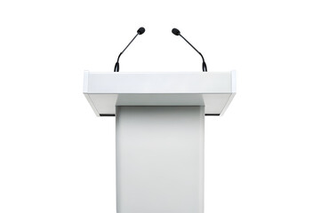 Modern Wooden and Metal Lectern with Dual Microphones for Presentations.