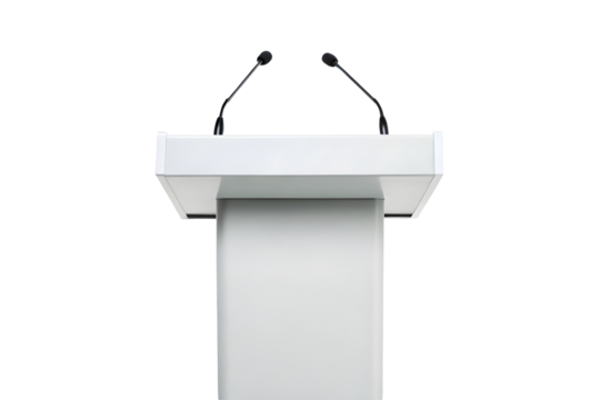 Modern Wooden and Metal Lectern with Dual Microphones for Presentations.