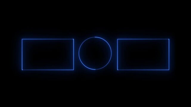 Rectangle and circle neon light frame red color illustration. Black background UHD 4k illustration. Rectangle and circle neon light frame turquoise and purple color animation. 