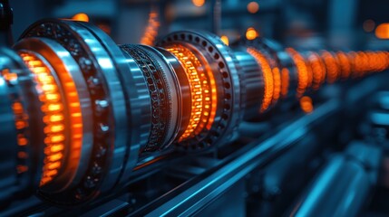 Fototapeta premium Industrial machinery, glowing parts, precision manufacturing