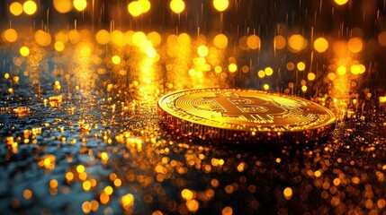 Golden cryptocurrency coin on wet surface, sparkling lights