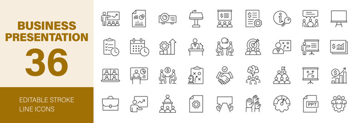 Business presentation icon set. Containing seminar, meeting, whiteboard, conference, business people, business plan, keynote, audience, briefing and more. Editable line icons. Vector illustration.