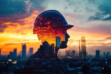Obraz premium Double exposure of builder with helmet and cityscape against a sunset. Great for illustrating construction, architecture, and urban planning.