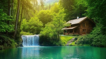 Obraz premium Serene log cabin nestled beside a tranquil waterfall and lake in a lush forest