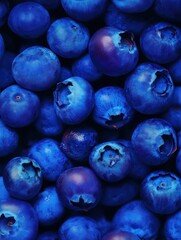 Obraz premium Blueberries fill the frame with their striking blue shades and textures. Freshly picked from the bush, they highlight the natural beauty of this beloved fruit in late summer Generative AI