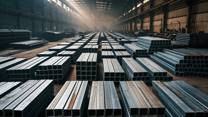 Fototapeta premium Impressive view inside a vast warehouse filled with neatly arranged steel beams.