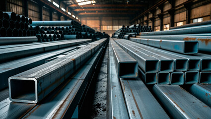 A warehouse interior showcases stacks of metal beams and pipes in a well-lit industrial scene.