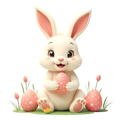 A cute cartoon Easter bunny with soft fur, big sparkling eyes, and a cheerful smile, sitting on grass surrounded by colorful decorated eggs. Transparent background. 
