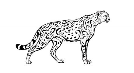 Artistic black and white illustration of a wild animal in dynamic pose showcasing strength and agility