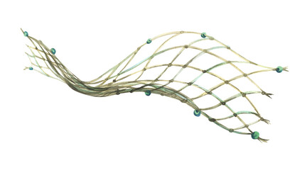 Brown fishing net with green floats, curved by a wave. Watercolor illustration hand-drawn on the theme of sea and fishing. Separate decorative element isolated from the background