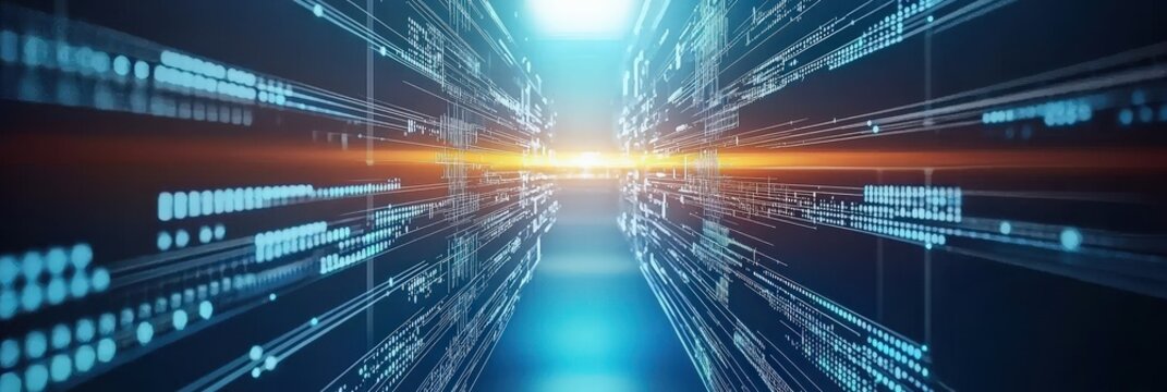 Exploring Data Streams in a Futuristic Digital Landscape Virtual Environment High-Tech Imagery Dynamic Perspective Innovation Concepts