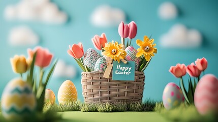 Obraz premium A vibrant paper scene of a classic Easter basket with intricate weave texture, overfilled with daffodils, tulips, and patterned eggs. The 