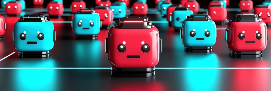 Colorful Robot Characters Engaging in Game Play Futuristic Arena 3D Render Vibrant Environment Aerial View Playfulness