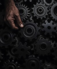 A hand placing a gear into a collection of interlocking gears
