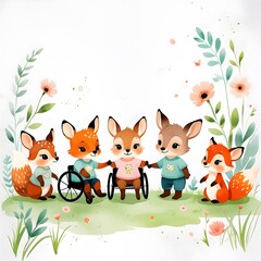 Fototapeta premium watercolor style illustration, forest animals on a summer meadow, animals in wheelchairs, inclusivity, AI