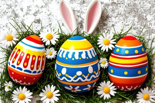 Colorful Easter Eggs and Bunny Ears Spring Celebration Decorative Art Festive Environment Close-Up Holiday Spirit