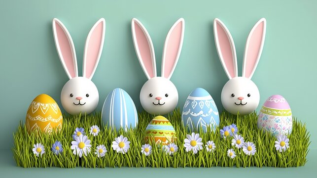 Easter Celebration with Bunny Figures and Colorful Eggs Springtime Decor Whimsical Setting Cheerful Atmosphere