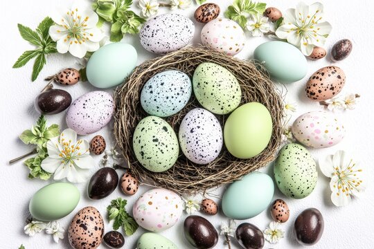 Colorful Easter Eggs Nestled in Floral Arrangement Spring Celebration Still Life Photography Bright and Cheerful Top Down View Holiday Spirit