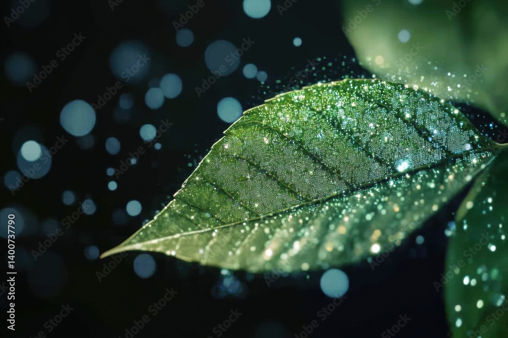 Poster Green leaf transforming into digital pixels illustrating the fusion of nature and technology in a creative artwork