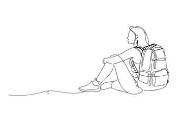 one line drawing of Woman hiker with backpack sitting, vector illustration 