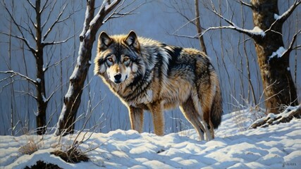 Obraz premium Lone gray wolf on snowy hill intense gaze windblown fur sharp features rugged peaks chilling winter backdrop
