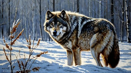 Lone gray wolf on snowy hill intense gaze windblown fur sharp features rugged peaks chilling winter backdrop