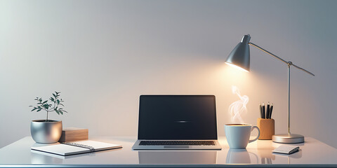 Minimalist Workspace with Laptop Coffee and Plant on White Desk