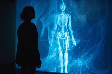 silhouette of a person in a blue background looking at a blue light hologram of a body in a display