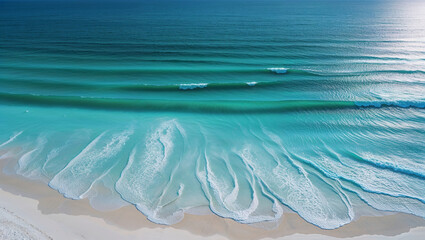 Fototapeta premium The pristine turquoise ocean waves gently roll onto a white sandy beach from an aerial perspective.