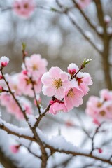 Naklejka premium a close up of a pink flower on a tree with snow on it