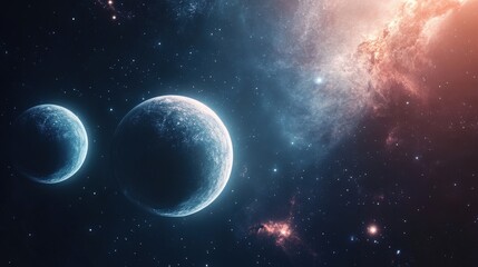 Obraz premium Two celestial bodies orbiting in a vibrant star-filled galaxy with colorful cosmic dust