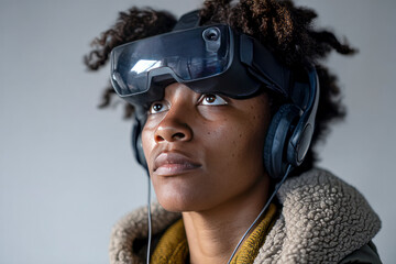 Confident Black Female Exploring the Metaverse with VR Goggles