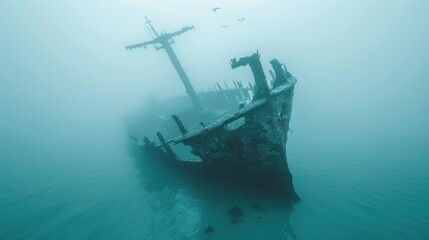 Fototapeta premium An eerie shipwreck emerges from thick fog, partially submerged in water, with silhouettes of birds flying above, creating a haunting atmosphere.