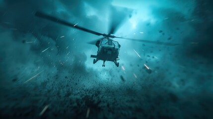A dramatic scene featuring a helicopter flying through a turbulent, stormy sky filled with dark clouds and debris.