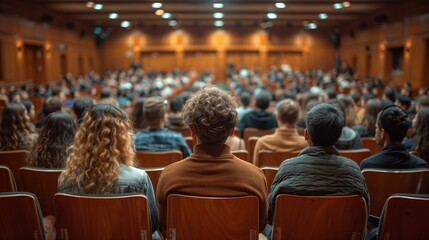 An audience of diverse individuals fills a lecture hall, attentively seated and facing forward, ready to engage with the speaker's message
