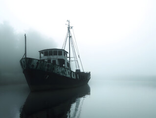 Fototapeta premium An old, abandoned ship on a foggy river, its sails tattered and its deck eerily silent.