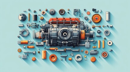 Fototapeta premium Automotive Engine Components Layouts on Light Blue Background