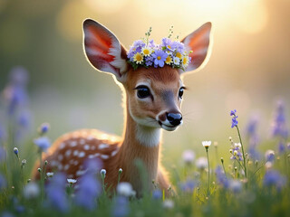 A spotted fawn with delicate eyelashes wearing a crown made of wildflowers