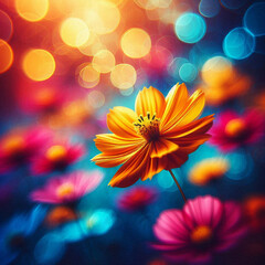Radiant Yellow Cosmos Flower with Bokeh Light Effects in a Colorful Garden Scene

