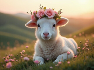 A fluffy white lamb wearing a crown made of wild roses